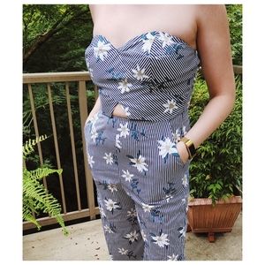 Floral and Striped Sleeveless Jumpsuit